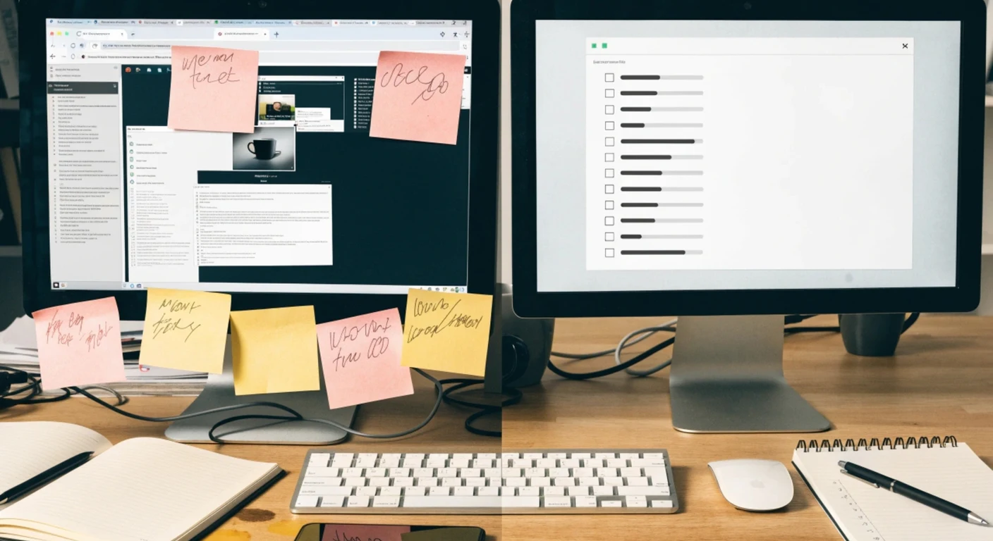 Split comparison of a cluttered DIY website migration workspace with sticky notes and open tabs versus a clean, organized professional migration handoff