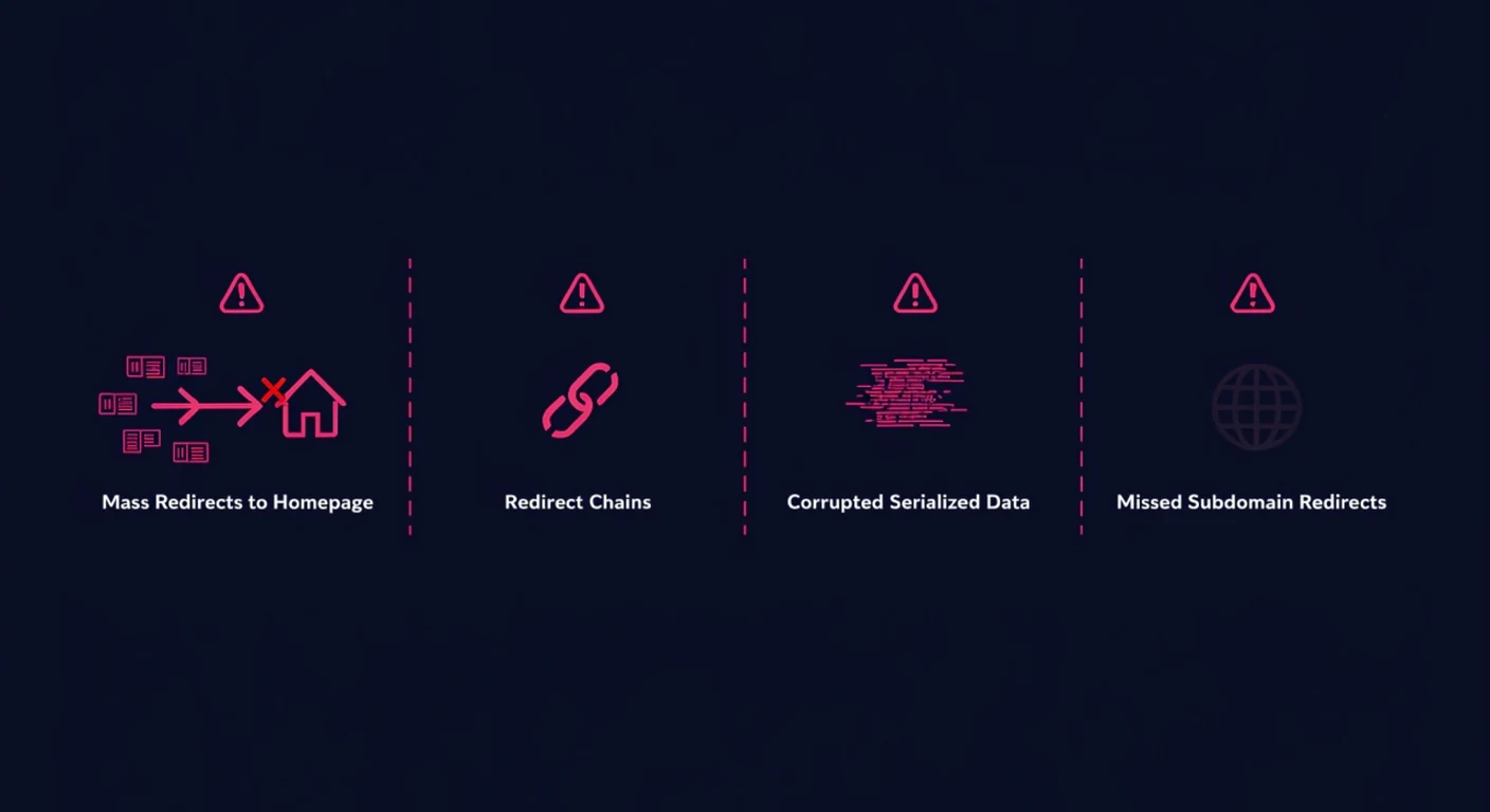 Four common website migration failure modes illustrated: mass redirects to homepage, redirect chains, corrupted serialized data, and missed subdomain redirects