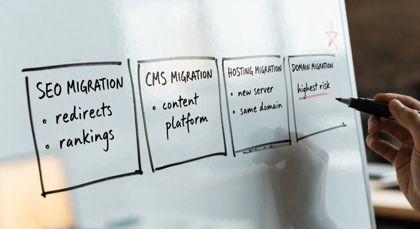 Four types of website migration services compared: SEO migration, CMS migration, web hosting migration, and domain migration