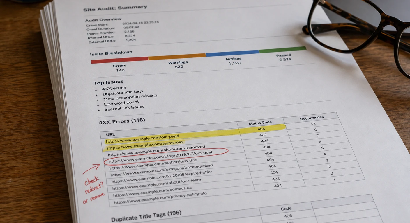 Printed pre-migration audit report annotated with a highlighter and red pen, marking URLs to redirect before a website migration