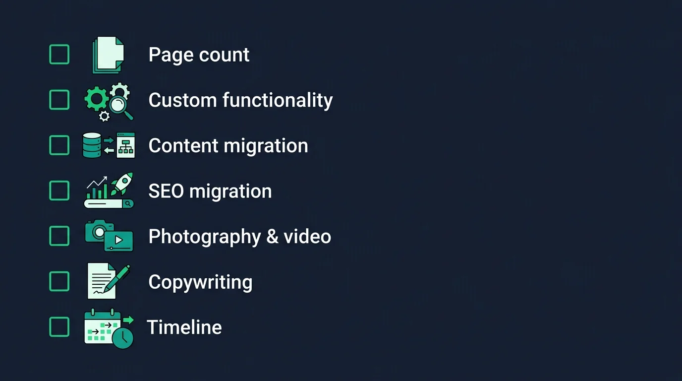 Checklist of seven factors that drive website redesign cost up or down