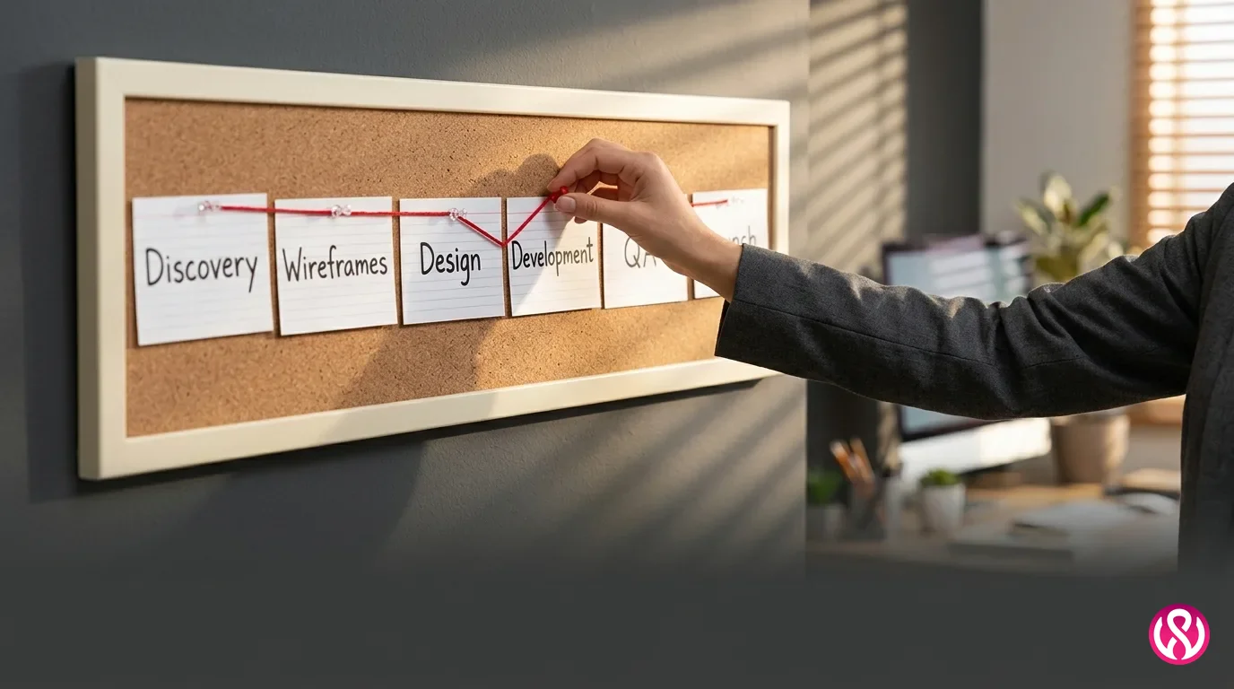 Diagram of the six phases of a website redesign timeline from discovery to launch