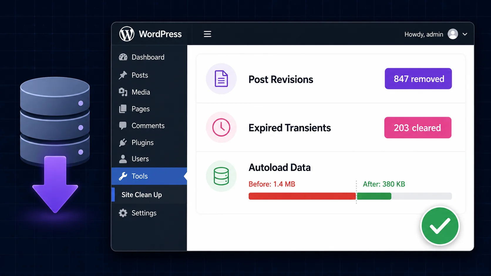 WordPress database cleanup screen showing revisions expired transients and autoload data