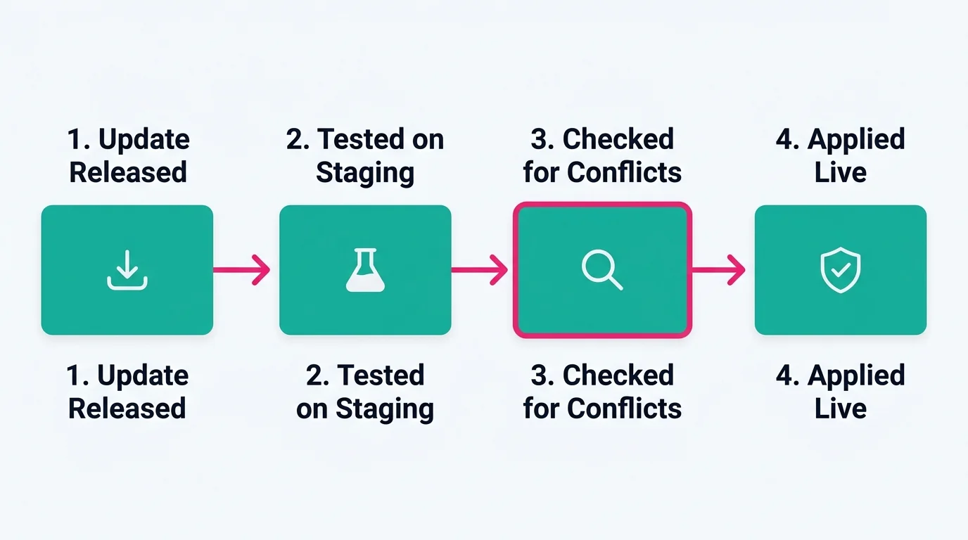 WordPress plugin maintenance lifecycle: update released, tested on staging, checked for conflicts, then applied to the live site