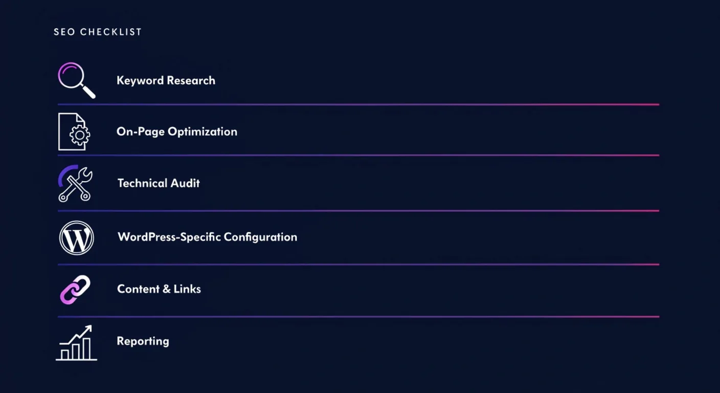 Six things a real WordPress SEO service includes: keyword research, on-page optimization, technical audit, WordPress-specific configuration, content and links, reporting