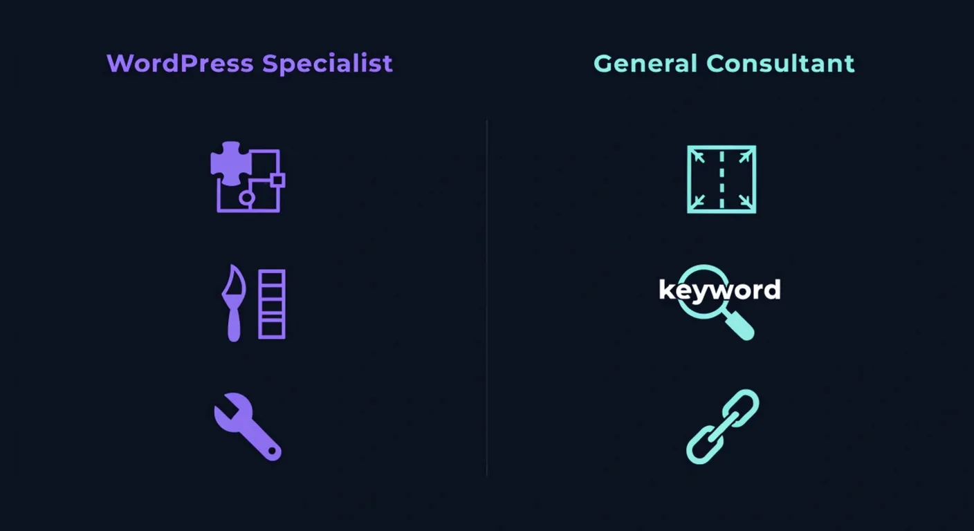 Comparison of a WordPress SEO specialist versus a general SEO consultant: platform-specific plugin and theme knowledge versus broader strategy skills