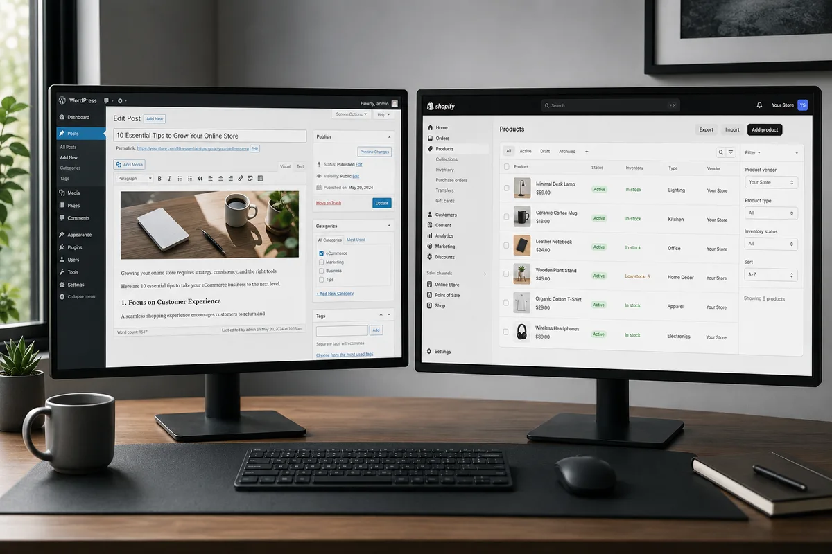 WordPress WooCommerce CMS dashboard and Shopify e-commerce admin panel displayed side by side on dual monitors